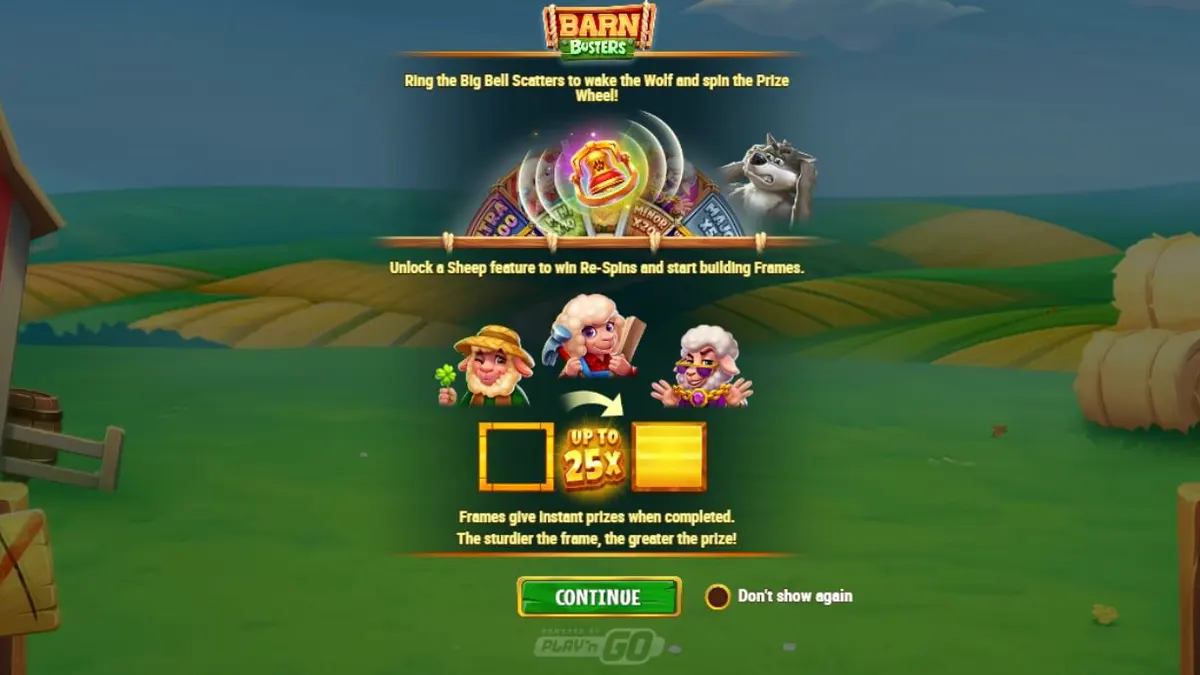 Interface do jogo de slot Barn Busters mostrando o lobo e a roda de prêmios