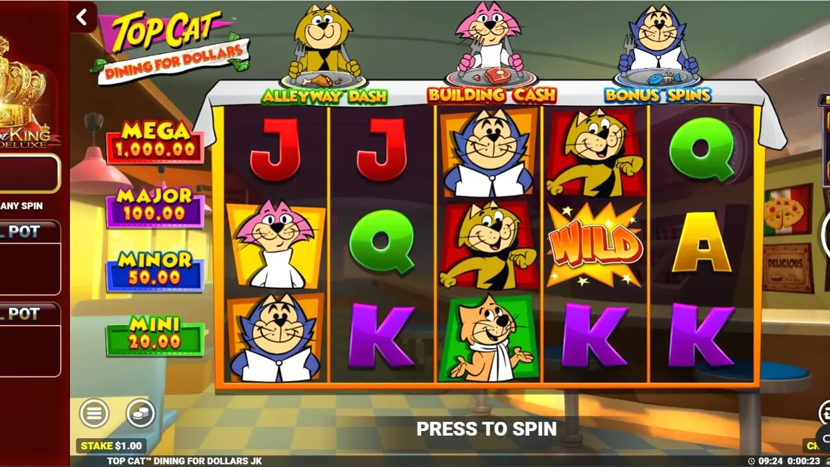 Personagens de Top Cat em um cenário de lanchonete retrô no slot Dining For Dollars